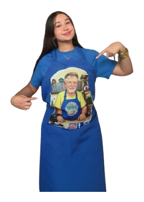 Issis modeling the blue Gringo Baker apron