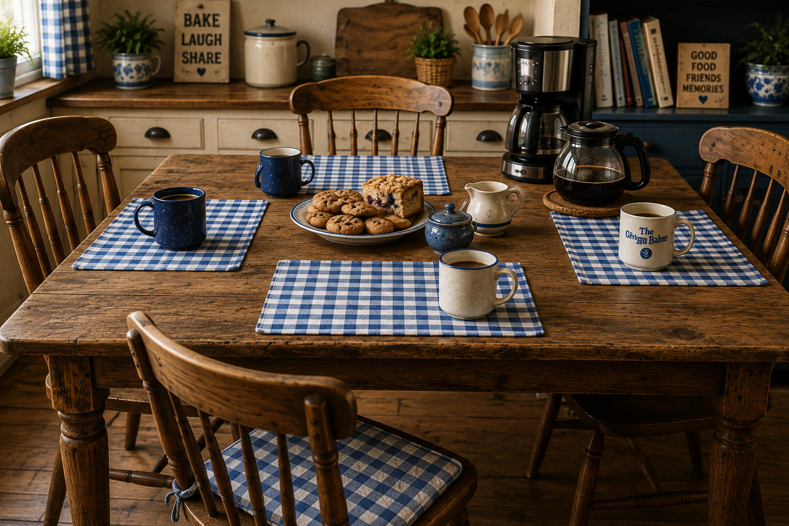 A warm kitchen table set with blue-and-white gingham placemats, coffee mugs, baked treats, and an inviting chair pulled out.